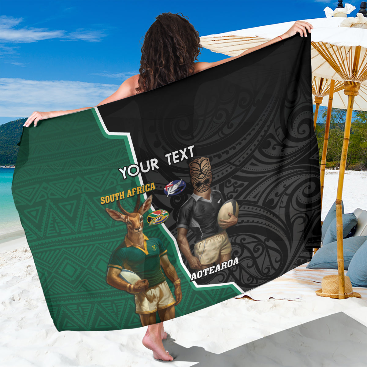 Personalised New Zealand And South Africa Rugby Sarong 2024 All Black Springboks Mascots Together - Vibe Hoodie Shop