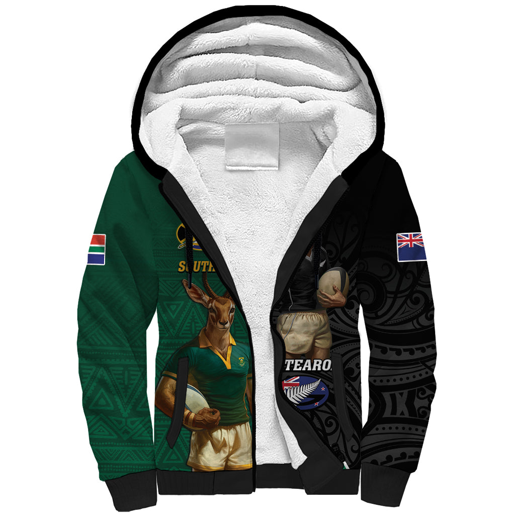 Personalised New Zealand And South Africa Rugby Sherpa Hoodie 2024 All Black Springboks Mascots Together - Vibe Hoodie Shop