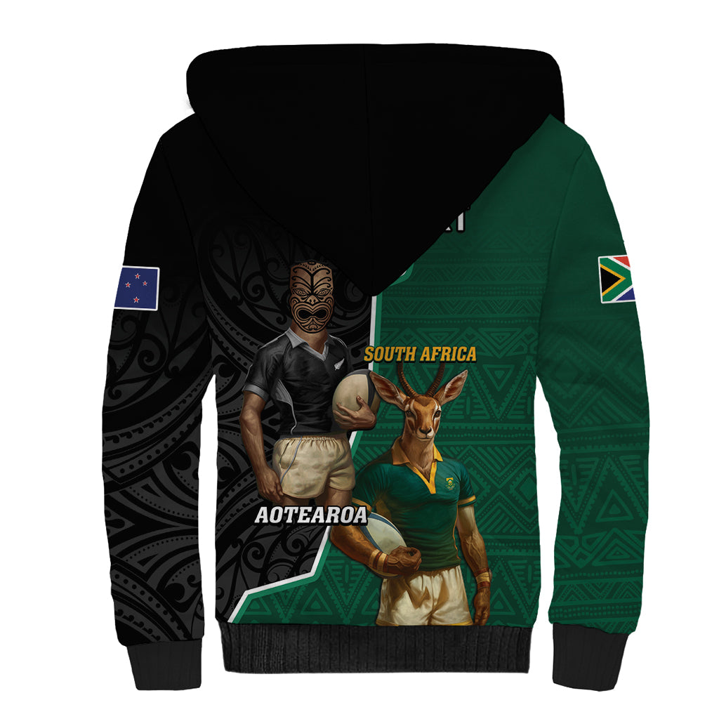 Personalised New Zealand And South Africa Rugby Sherpa Hoodie 2024 All Black Springboks Mascots Together - Vibe Hoodie Shop
