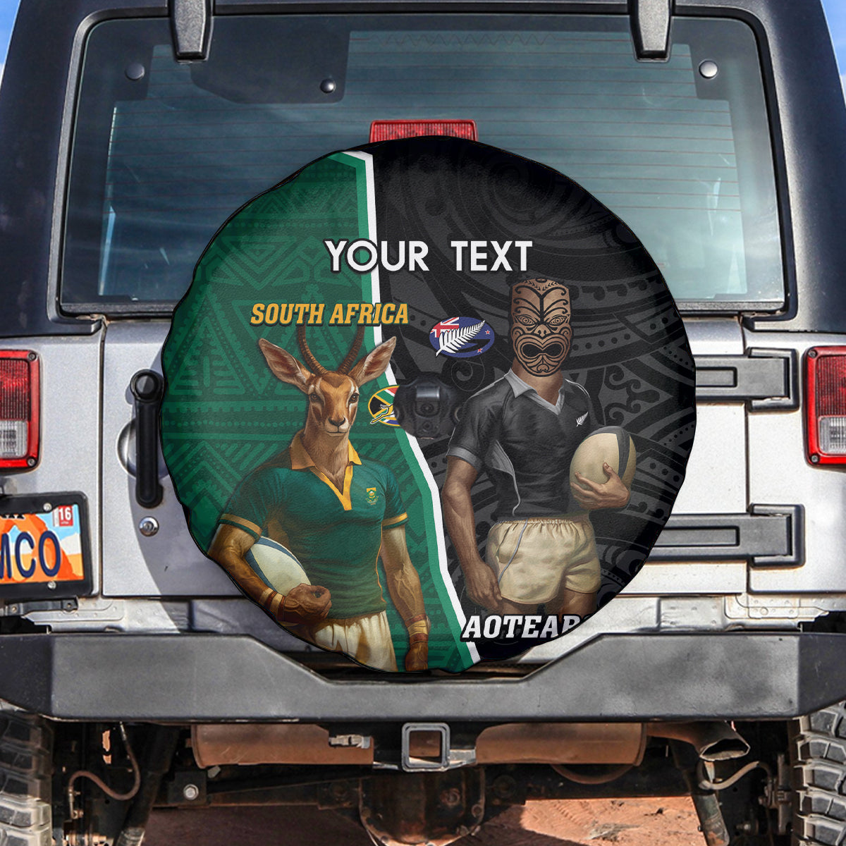 Personalised New Zealand And South Africa Rugby Spare Tire Cover 2024 All Black Springboks Mascots Together - Vibe Hoodie Shop