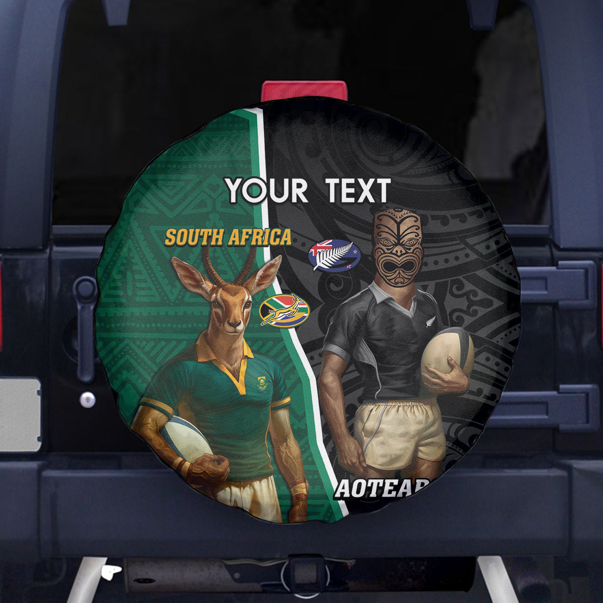 Personalised New Zealand And South Africa Rugby Spare Tire Cover 2024 All Black Springboks Mascots Together - Vibe Hoodie Shop
