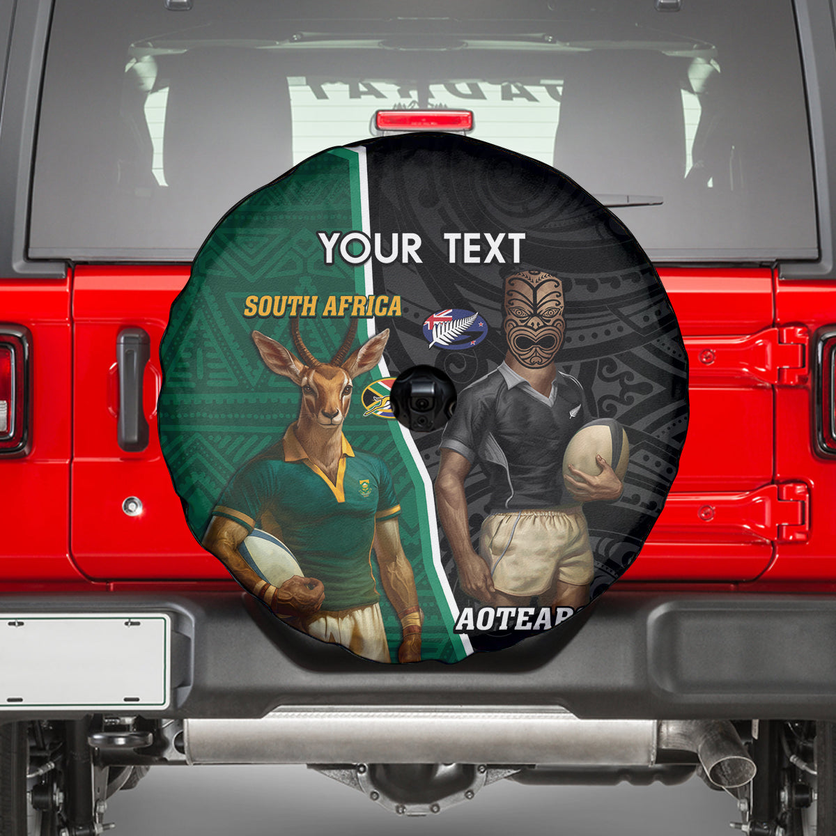 Personalised New Zealand And South Africa Rugby Spare Tire Cover 2024 All Black Springboks Mascots Together - Vibe Hoodie Shop