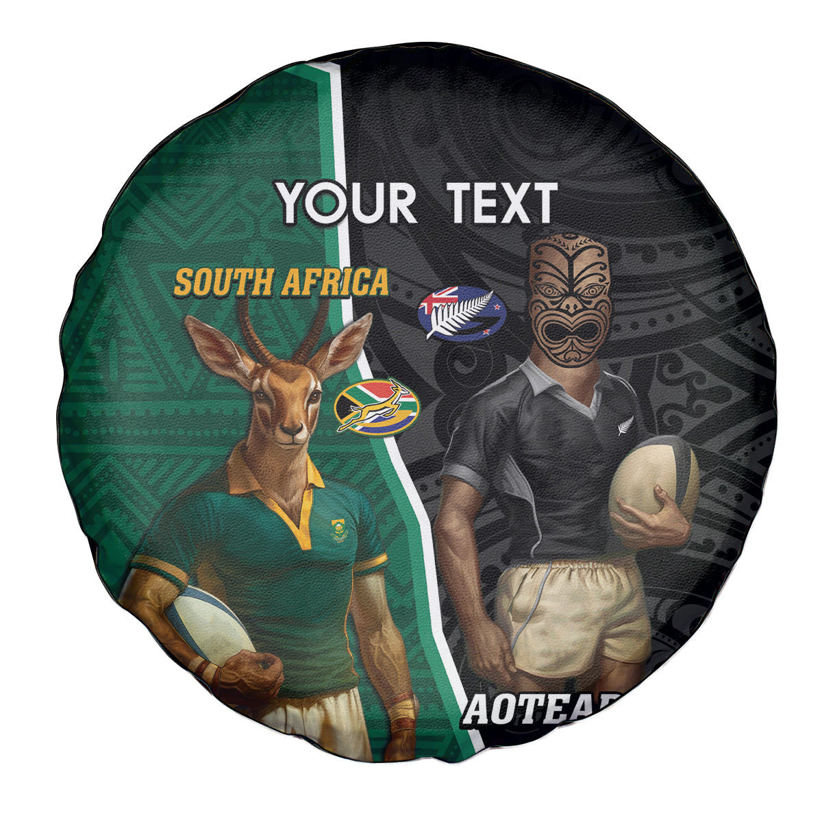 Personalised New Zealand And South Africa Rugby Spare Tire Cover 2024 All Black Springboks Mascots Together - Vibe Hoodie Shop