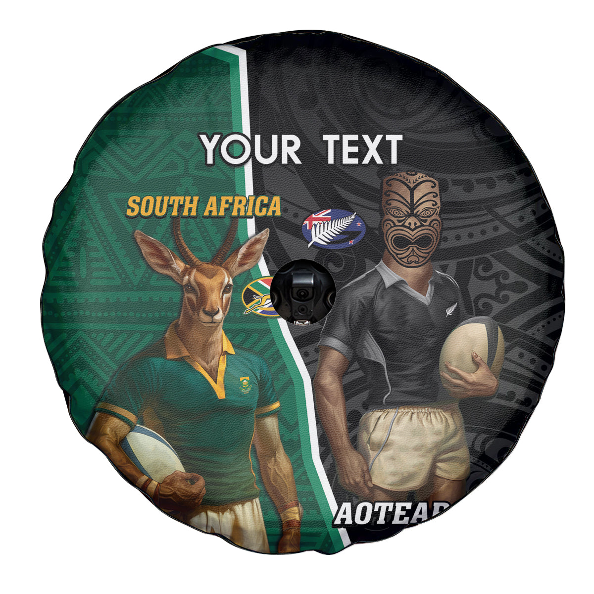 Personalised New Zealand And South Africa Rugby Spare Tire Cover 2024 All Black Springboks Mascots Together - Vibe Hoodie Shop