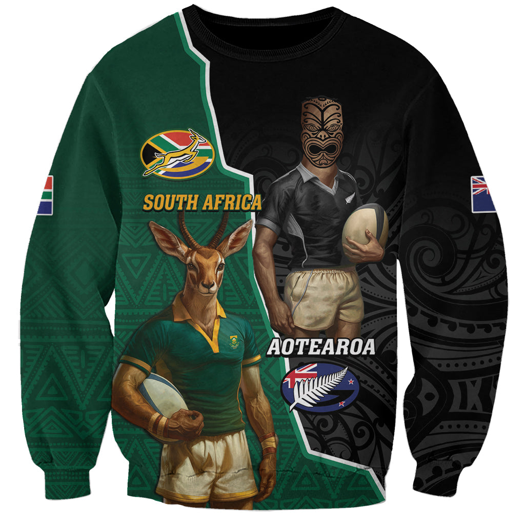 Personalised New Zealand And South Africa Rugby Sweatshirt 2024 All Black Springboks Mascots Together - Vibe Hoodie Shop