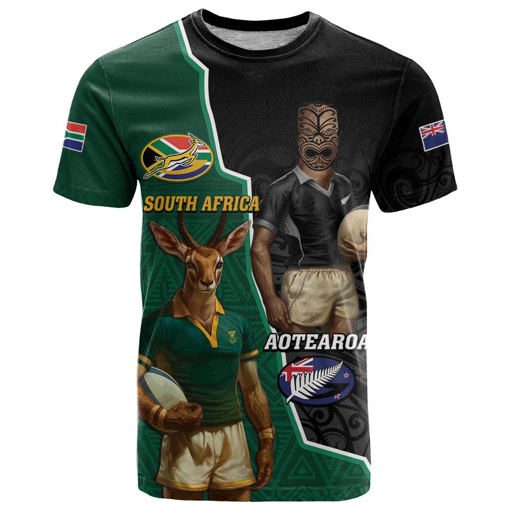 Personalised New Zealand And South Africa Rugby T Shirt 2024 All Black Springboks Mascots Together - Vibe Hoodie Shop