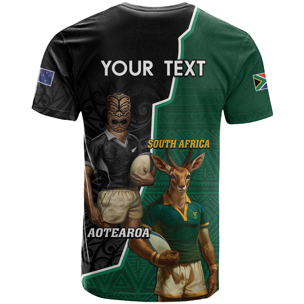 Personalised New Zealand And South Africa Rugby T Shirt 2024 All Black Springboks Mascots Together - Vibe Hoodie Shop