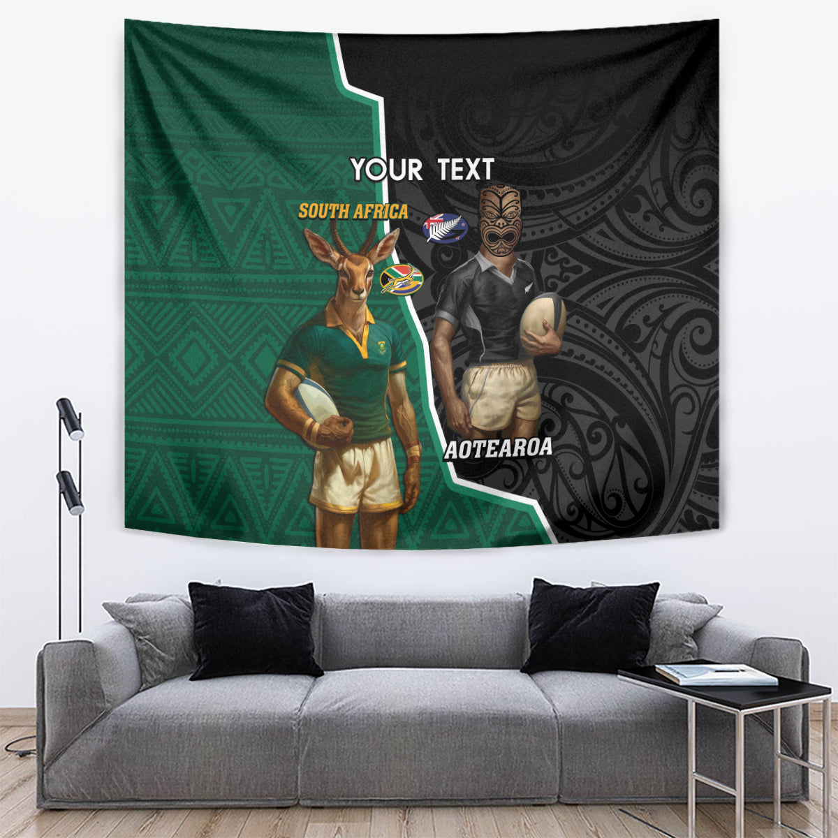 Personalised New Zealand And South Africa Rugby Tapestry 2024 All Black Springboks Mascots Together - Vibe Hoodie Shop