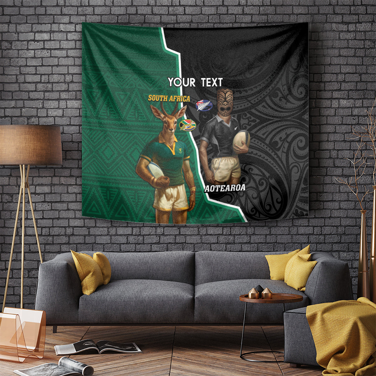 Personalised New Zealand And South Africa Rugby Tapestry 2024 All Black Springboks Mascots Together - Vibe Hoodie Shop