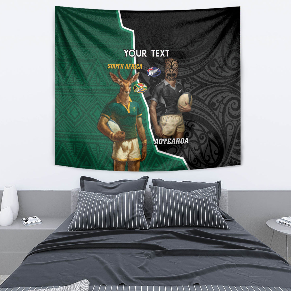 Personalised New Zealand And South Africa Rugby Tapestry 2024 All Black Springboks Mascots Together - Vibe Hoodie Shop