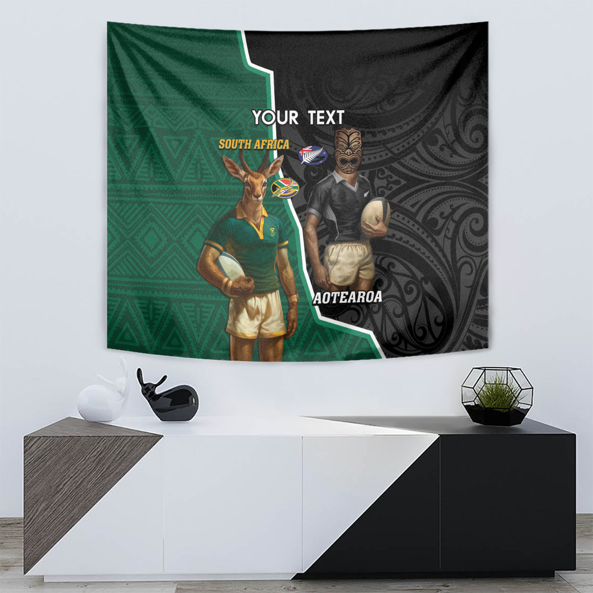 Personalised New Zealand And South Africa Rugby Tapestry 2024 All Black Springboks Mascots Together - Vibe Hoodie Shop