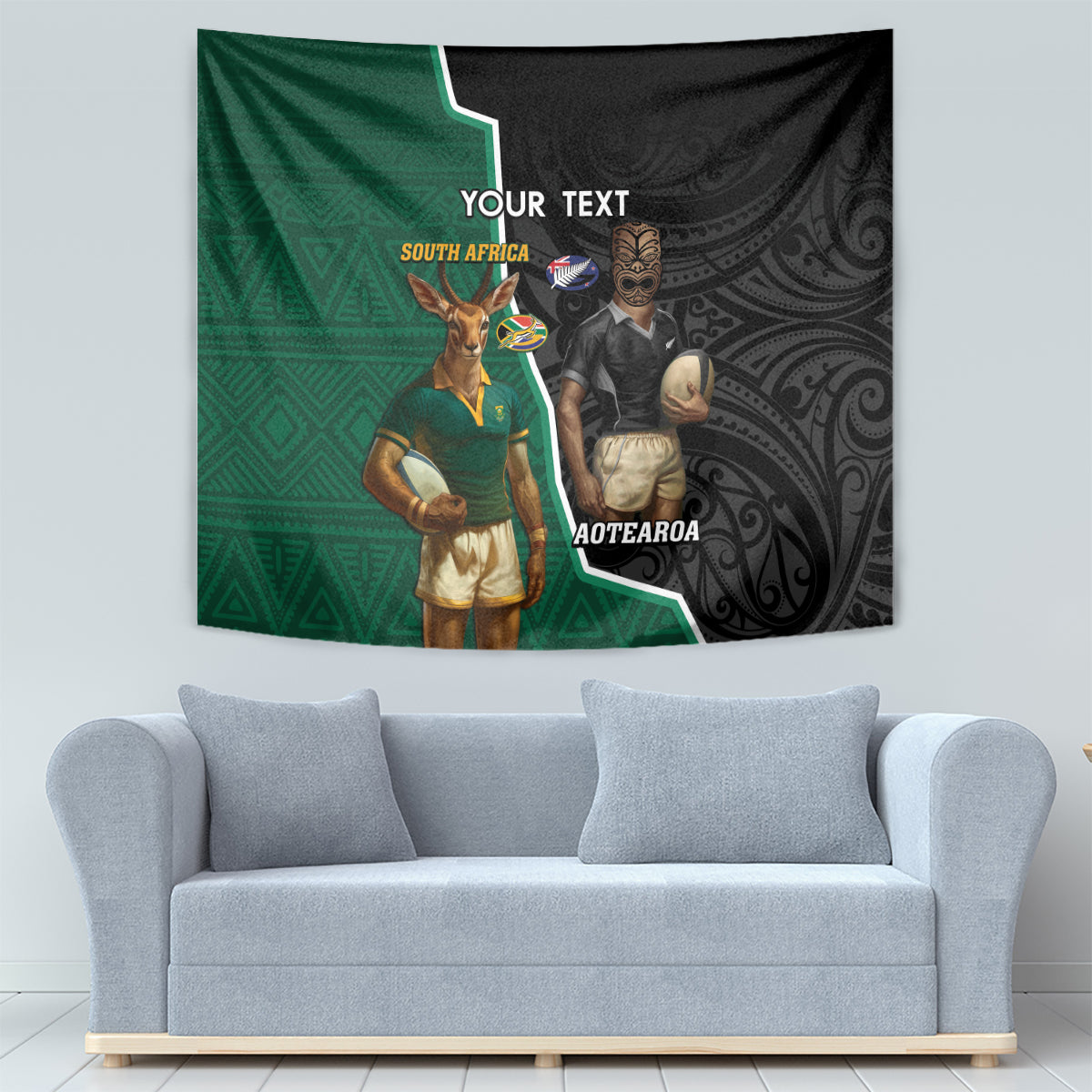 Personalised New Zealand And South Africa Rugby Tapestry 2024 All Black Springboks Mascots Together - Vibe Hoodie Shop