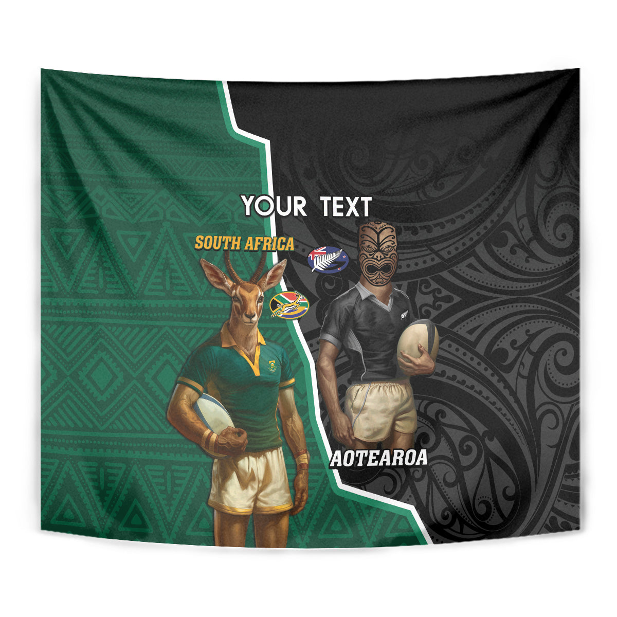 Personalised New Zealand And South Africa Rugby Tapestry 2024 All Black Springboks Mascots Together - Vibe Hoodie Shop