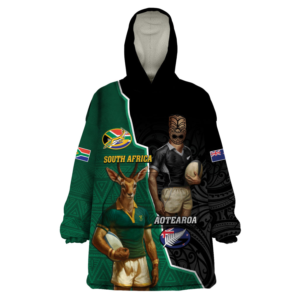 Personalised New Zealand And South Africa Rugby Wearable Blanket Hoodie 2024 All Black Springboks Mascots Together - Vibe Hoodie Shop