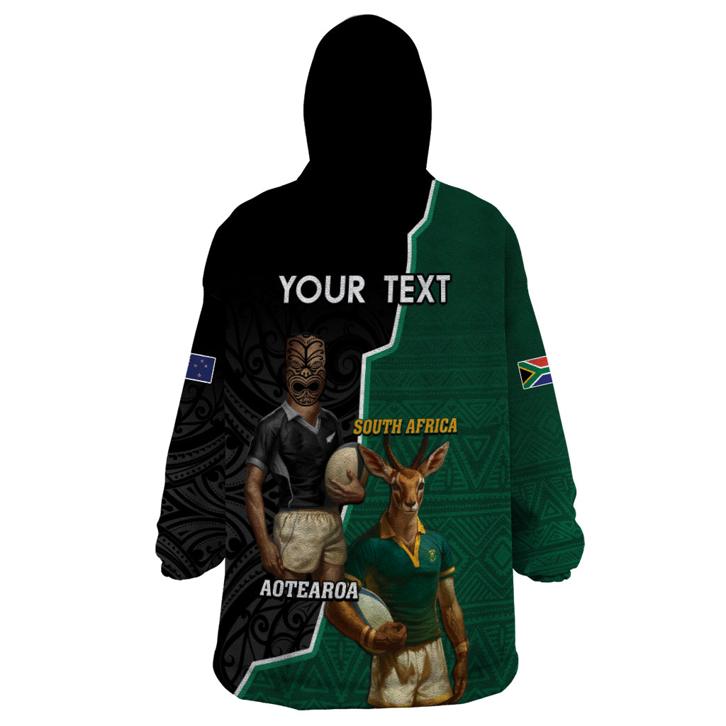 Personalised New Zealand And South Africa Rugby Wearable Blanket Hoodie 2024 All Black Springboks Mascots Together - Vibe Hoodie Shop