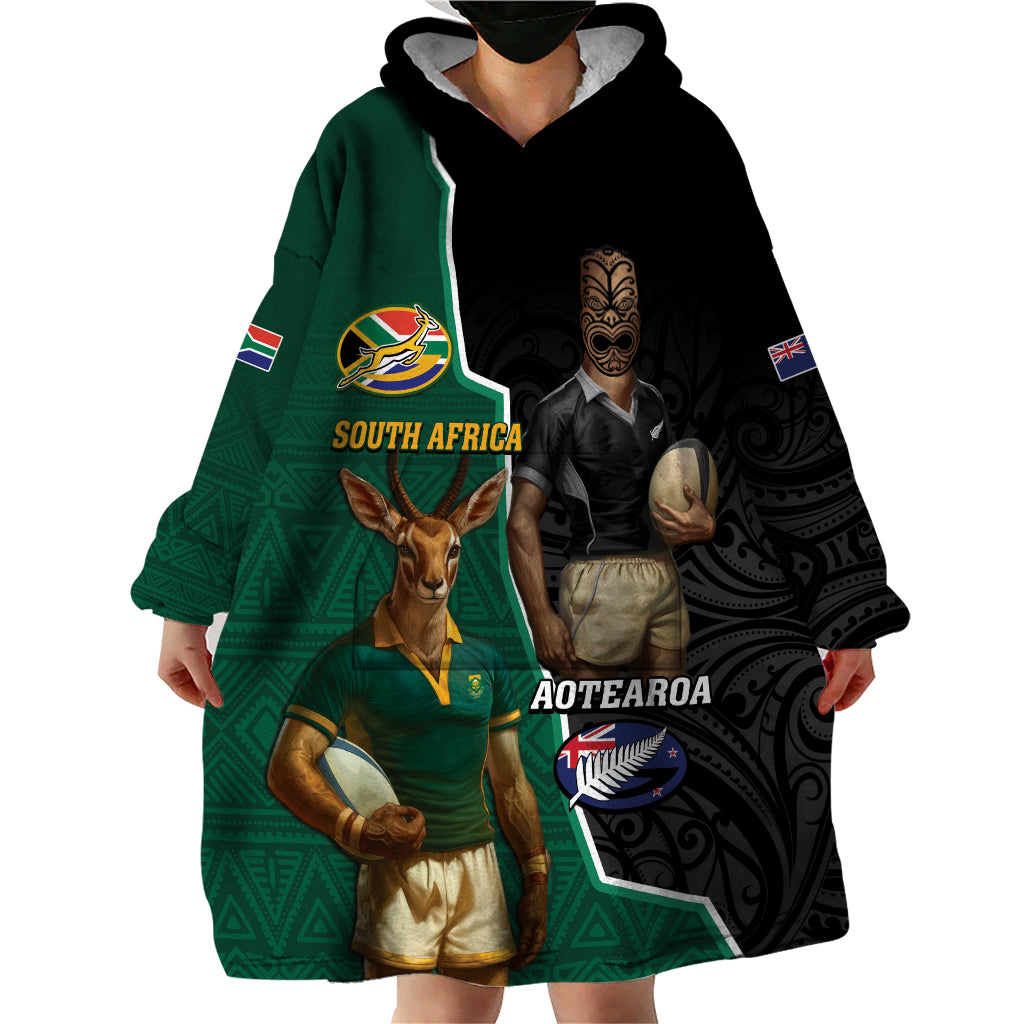 Personalised New Zealand And South Africa Rugby Wearable Blanket Hoodie 2024 All Black Springboks Mascots Together - Vibe Hoodie Shop