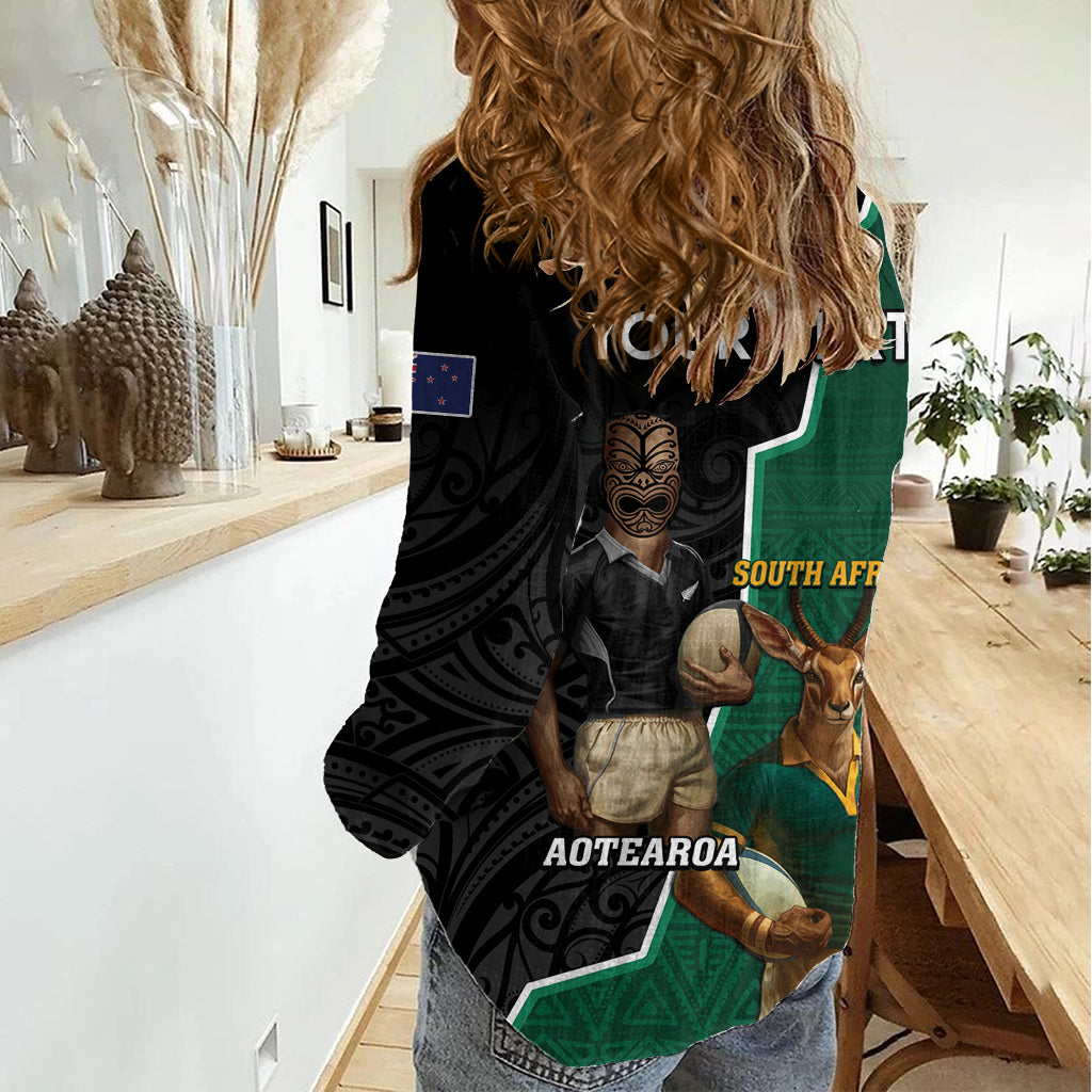 Personalised New Zealand And South Africa Rugby Women Casual Shirt 2024 All Black Springboks Mascots Together - Vibe Hoodie Shop