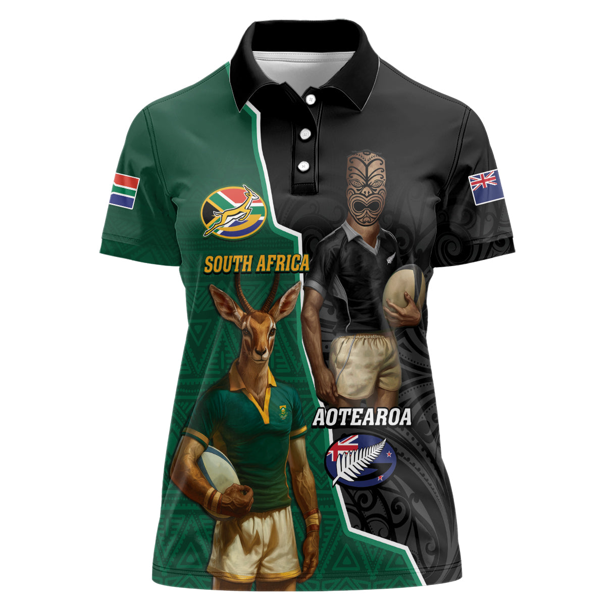 Personalised New Zealand And South Africa Rugby Women Polo Shirt 2024 All Black Springboks Mascots Together - Vibe Hoodie Shop