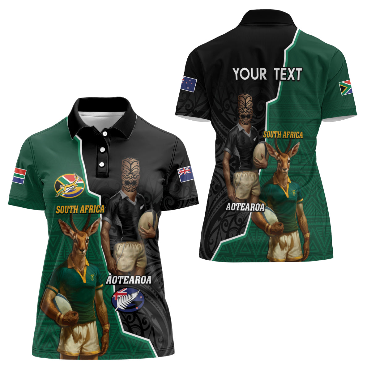 Personalised New Zealand And South Africa Rugby Women Polo Shirt 2024 All Black Springboks Mascots Together - Vibe Hoodie Shop