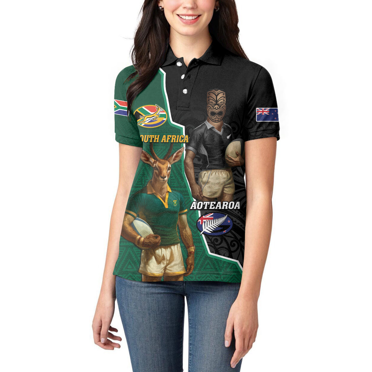 Personalised New Zealand And South Africa Rugby Women Polo Shirt 2024 All Black Springboks Mascots Together - Vibe Hoodie Shop