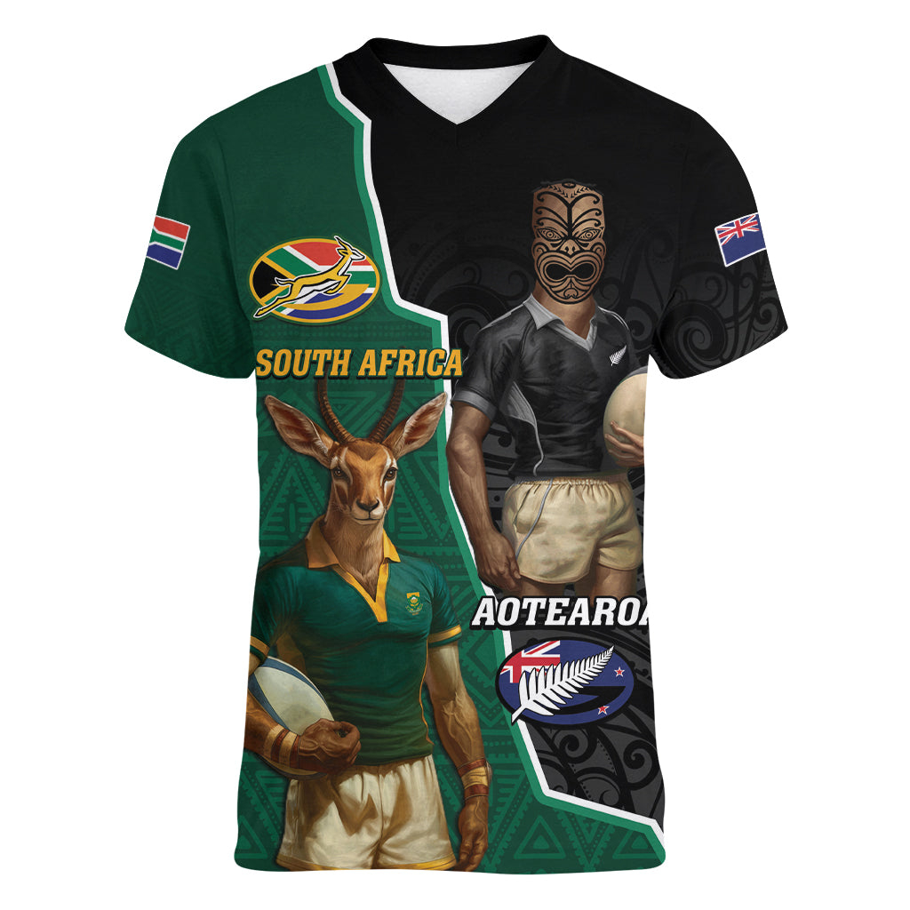 Personalised New Zealand And South Africa Rugby Women V-Neck T-Shirt 2024 All Black Springboks Mascots Together - Vibe Hoodie Shop