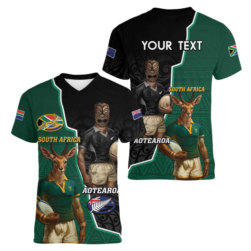Personalised New Zealand And South Africa Rugby Women V-Neck T-Shirt 2024 All Black Springboks Mascots Together - Vibe Hoodie Shop