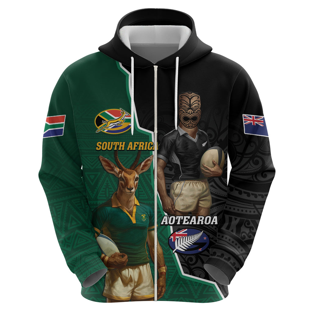 Personalised New Zealand And South Africa Rugby Zip Hoodie 2024 All Black Springboks Mascots Together - Vibe Hoodie Shop