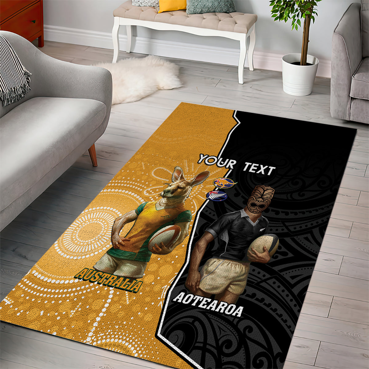 Personalised New Zealand And Australia Rugby Area Rug 2024 All Black Wallabies Mascots Together - Vibe Hoodie Shop