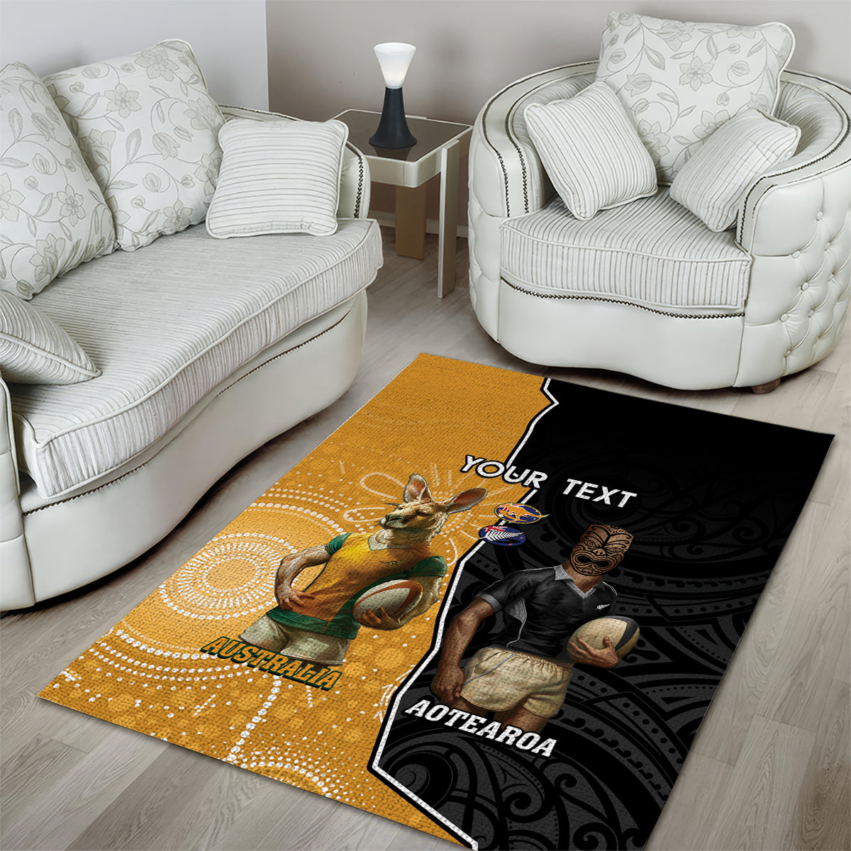 Personalised New Zealand And Australia Rugby Area Rug 2024 All Black Wallabies Mascots Together - Vibe Hoodie Shop