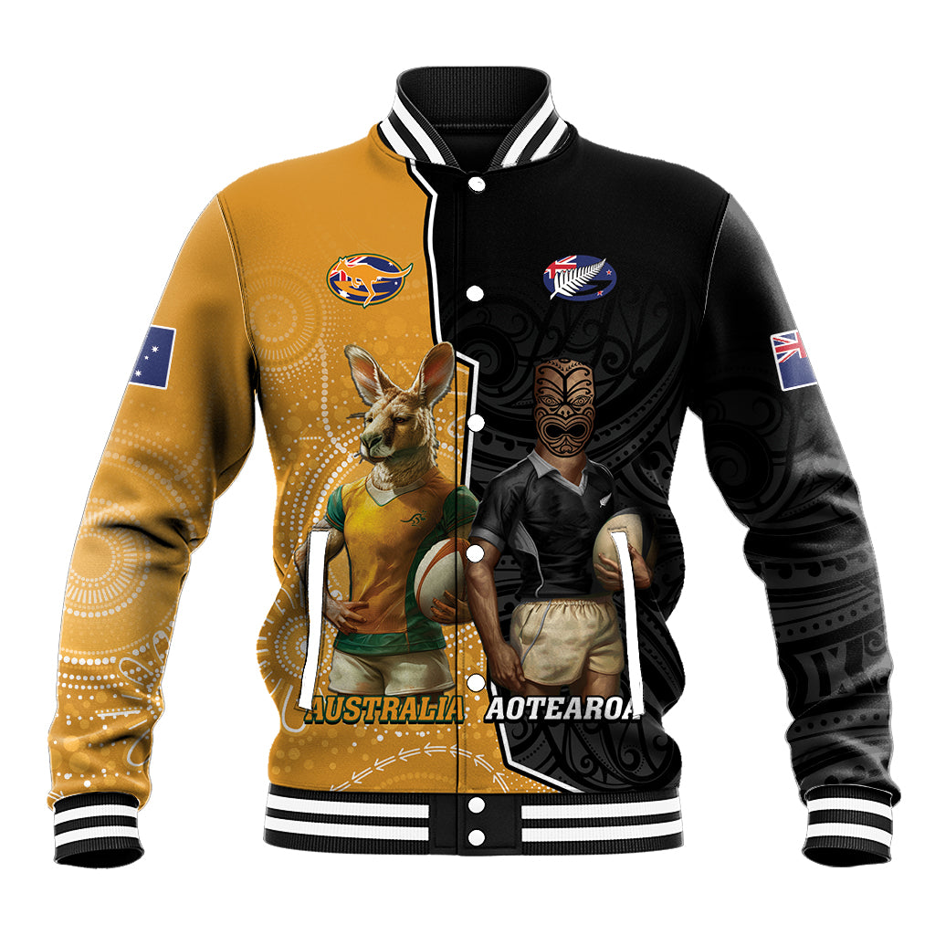 Personalised New Zealand And Australia Rugby Baseball Jacket 2024 All Black Wallabies Mascots Together - Vibe Hoodie Shop