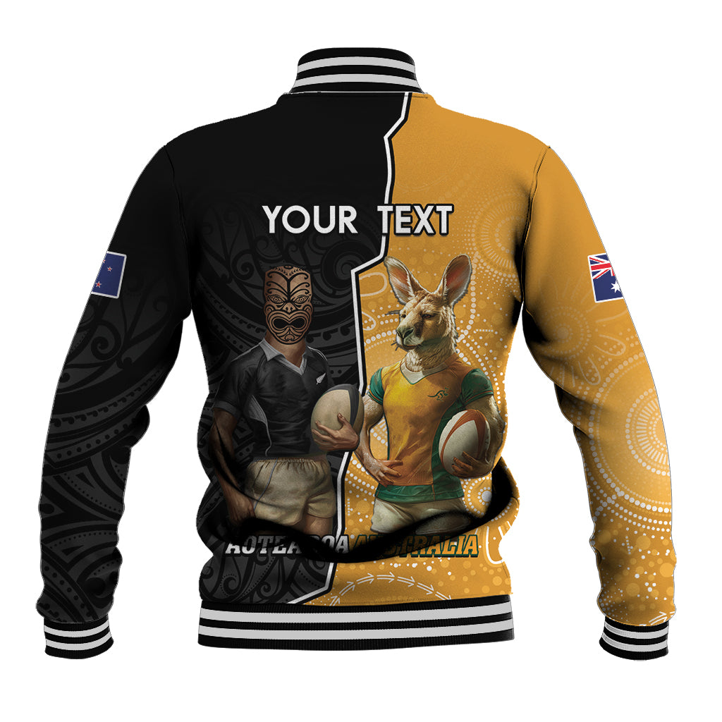 Personalised New Zealand And Australia Rugby Baseball Jacket 2024 All Black Wallabies Mascots Together - Vibe Hoodie Shop