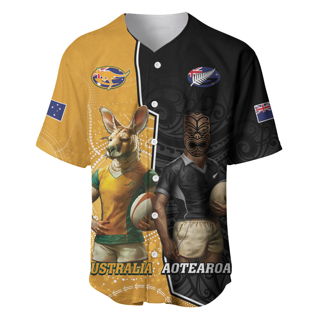 Personalised New Zealand And Australia Rugby Baseball Jersey 2024 All Black Wallabies Mascots Together - Vibe Hoodie Shop