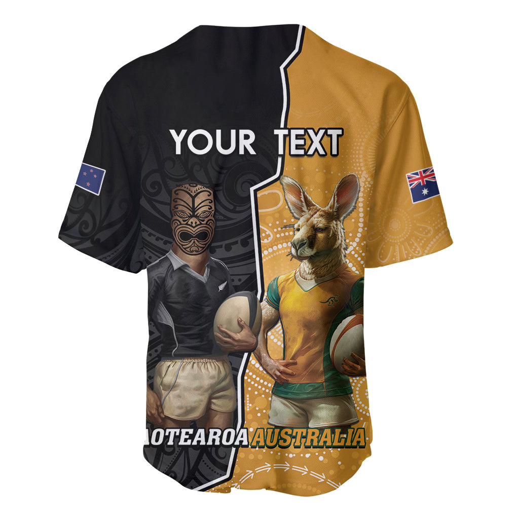Personalised New Zealand And Australia Rugby Baseball Jersey 2024 All Black Wallabies Mascots Together - Vibe Hoodie Shop