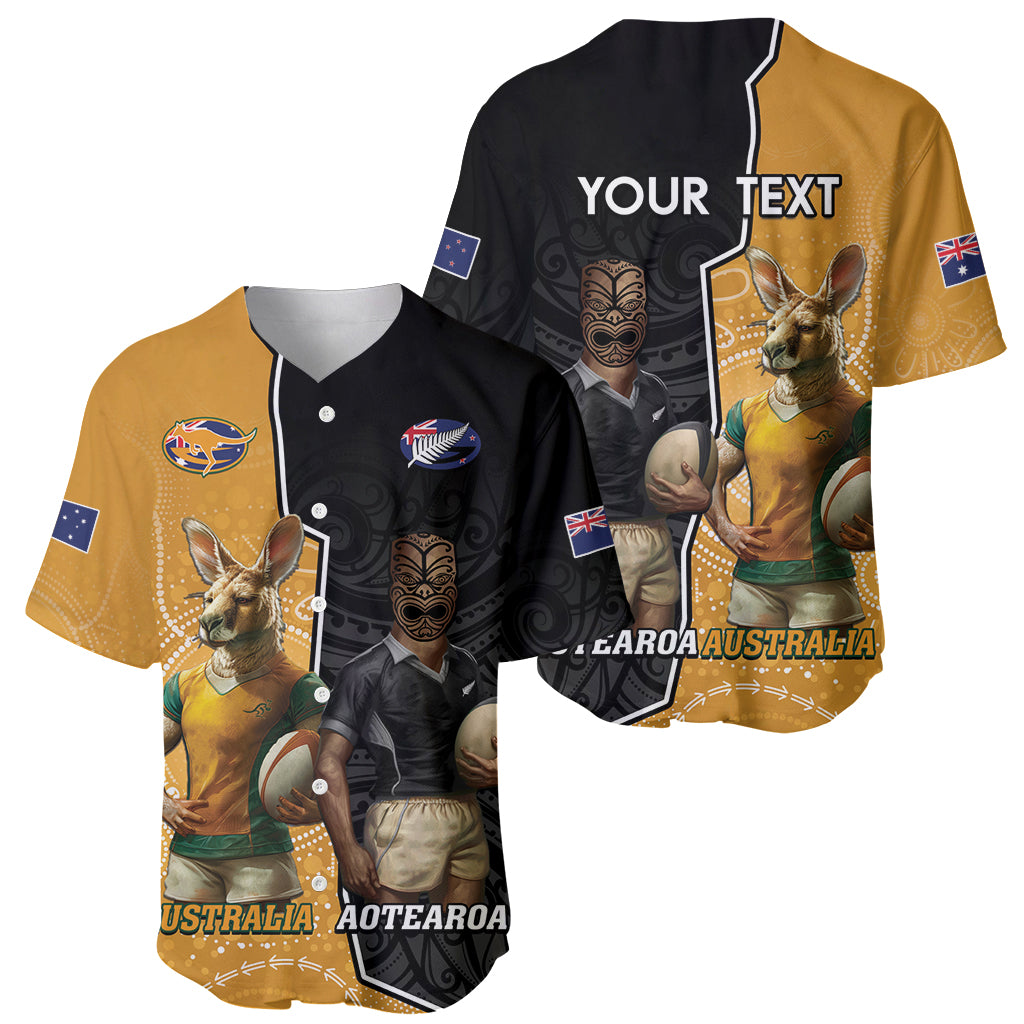 Personalised New Zealand And Australia Rugby Baseball Jersey 2024 All Black Wallabies Mascots Together - Vibe Hoodie Shop