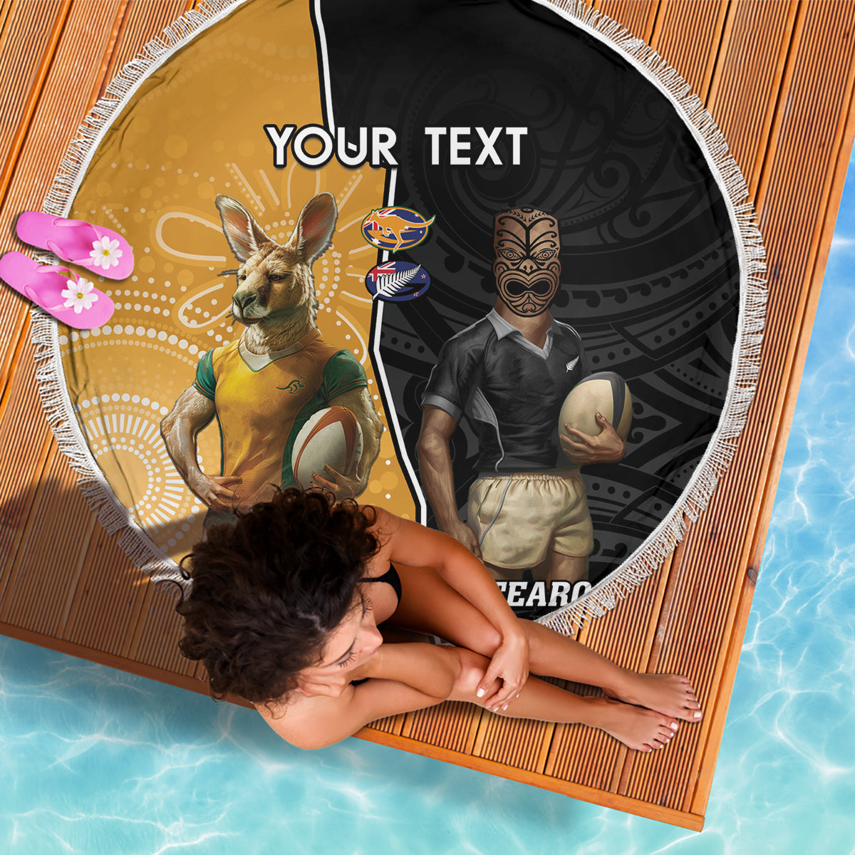 Personalised New Zealand And Australia Rugby Beach Blanket 2024 All Black Wallabies Mascots Together