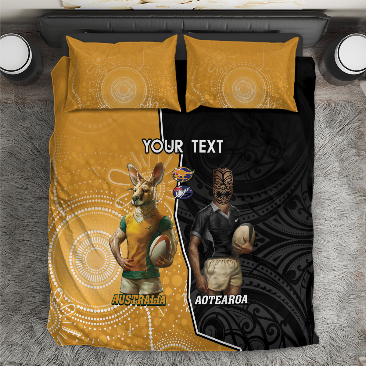 Personalised New Zealand And Australia Rugby Bedding Set 2024 All Black Wallabies Mascots Together - Vibe Hoodie Shop