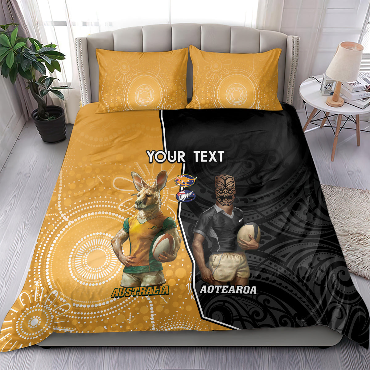 Personalised New Zealand And Australia Rugby Bedding Set 2024 All Black Wallabies Mascots Together - Vibe Hoodie Shop