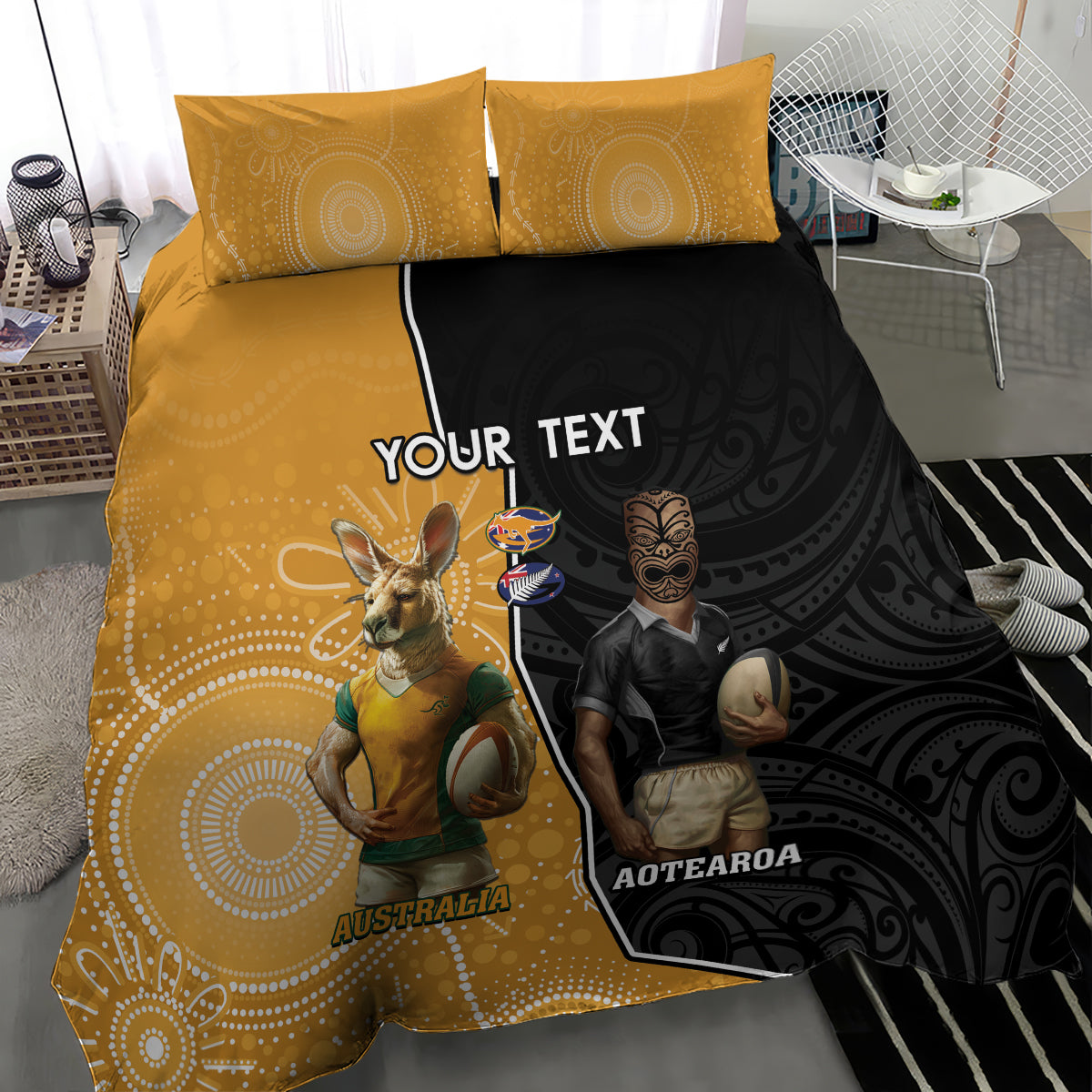 Personalised New Zealand And Australia Rugby Bedding Set 2024 All Black Wallabies Mascots Together - Vibe Hoodie Shop