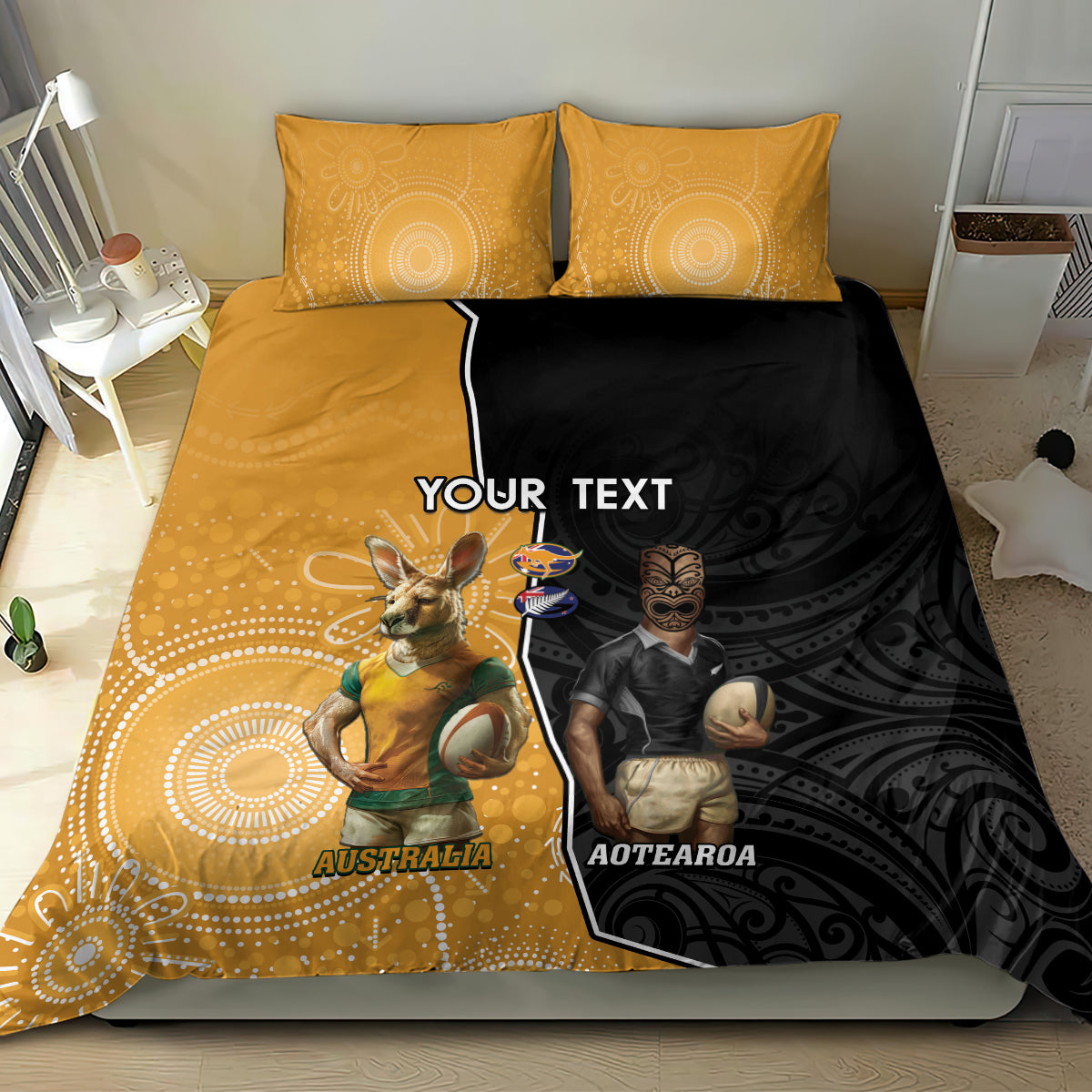Personalised New Zealand And Australia Rugby Bedding Set 2024 All Black Wallabies Mascots Together - Vibe Hoodie Shop