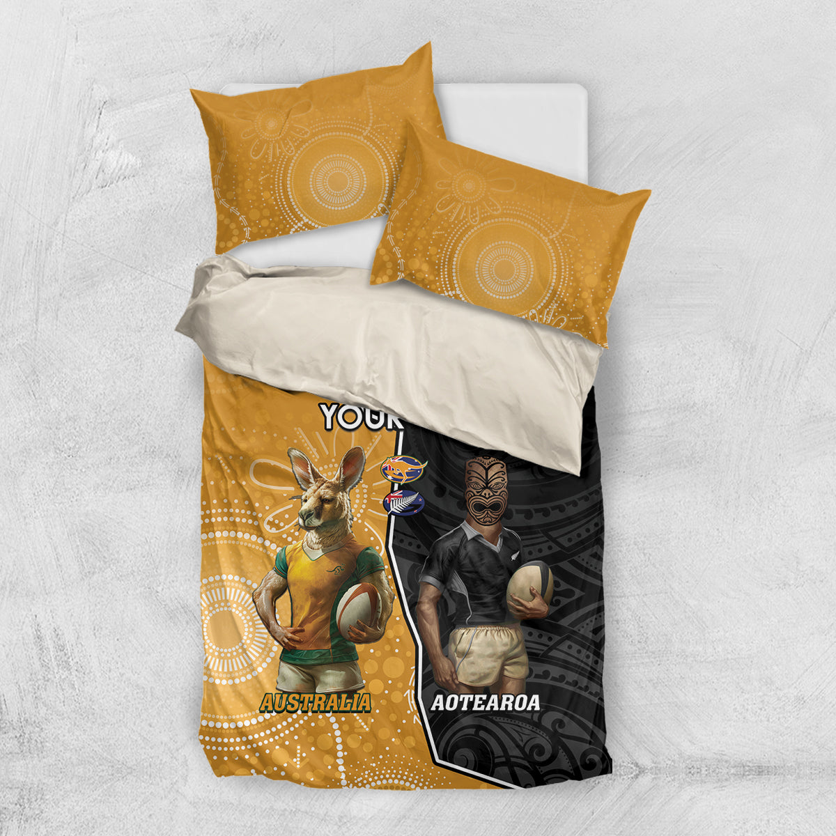 Personalised New Zealand And Australia Rugby Bedding Set 2024 All Black Wallabies Mascots Together - Vibe Hoodie Shop