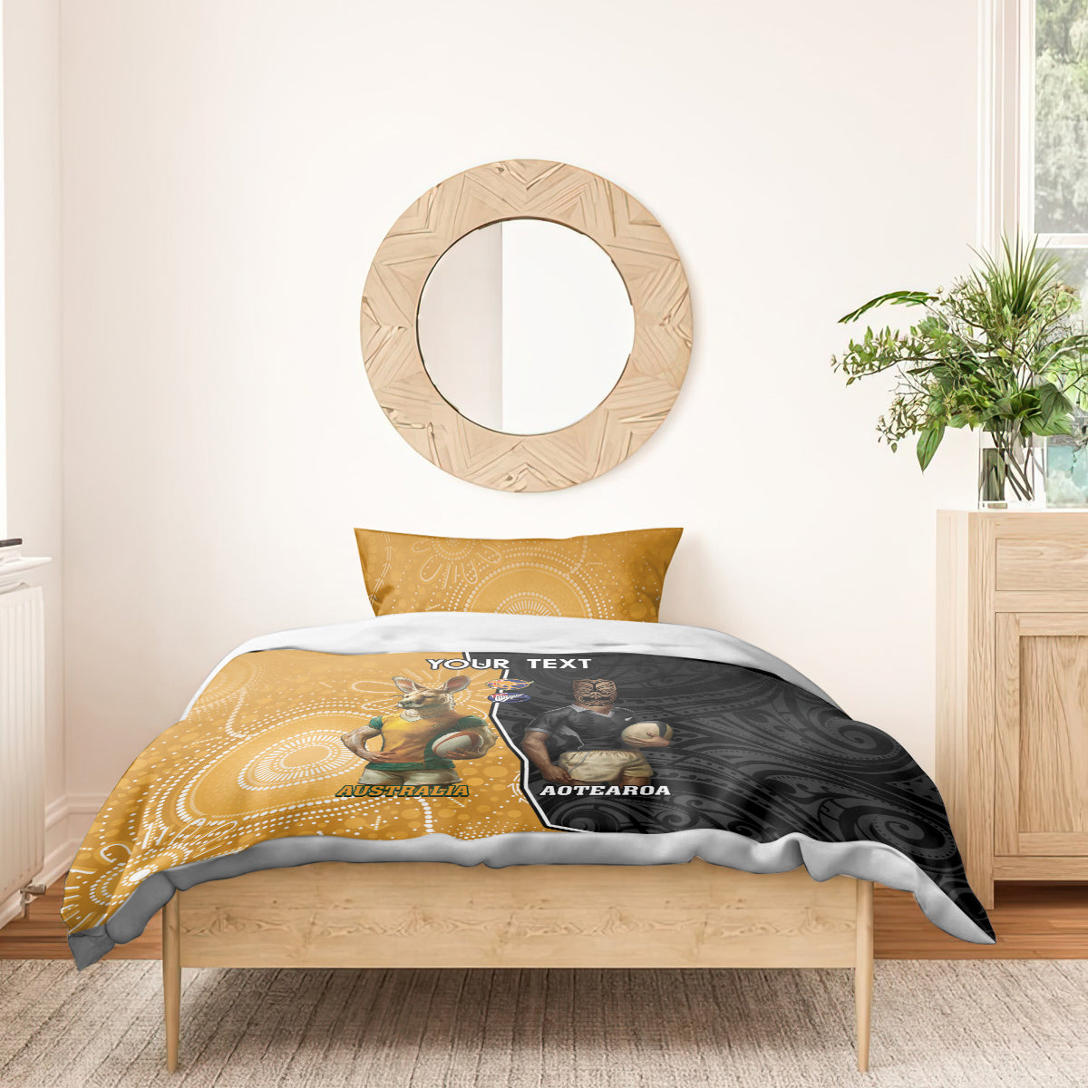 Personalised New Zealand And Australia Rugby Bedding Set 2024 All Black Wallabies Mascots Together - Vibe Hoodie Shop