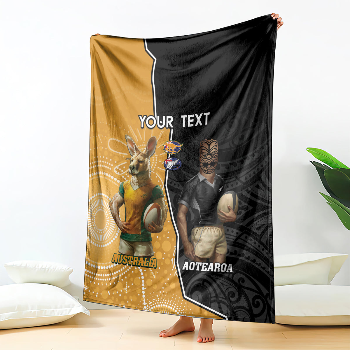 Personalised New Zealand And Australia Rugby Blanket 2024 All Black Wallabies Mascots Together - Vibe Hoodie Shop