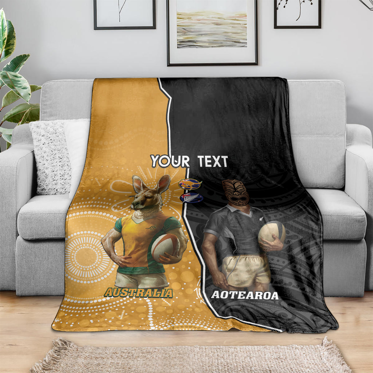 Personalised New Zealand And Australia Rugby Blanket 2024 All Black Wallabies Mascots Together - Vibe Hoodie Shop