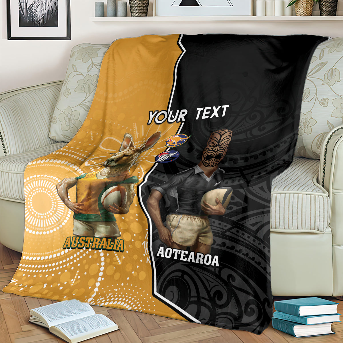 Personalised New Zealand And Australia Rugby Blanket 2024 All Black Wallabies Mascots Together - Vibe Hoodie Shop