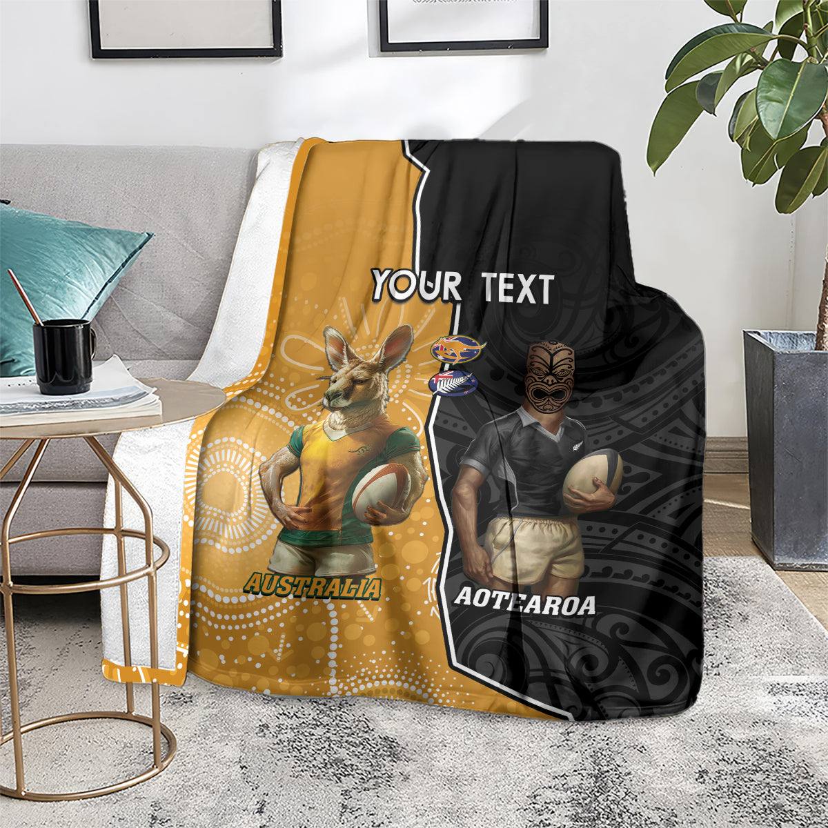 Personalised New Zealand And Australia Rugby Blanket 2024 All Black Wallabies Mascots Together - Vibe Hoodie Shop