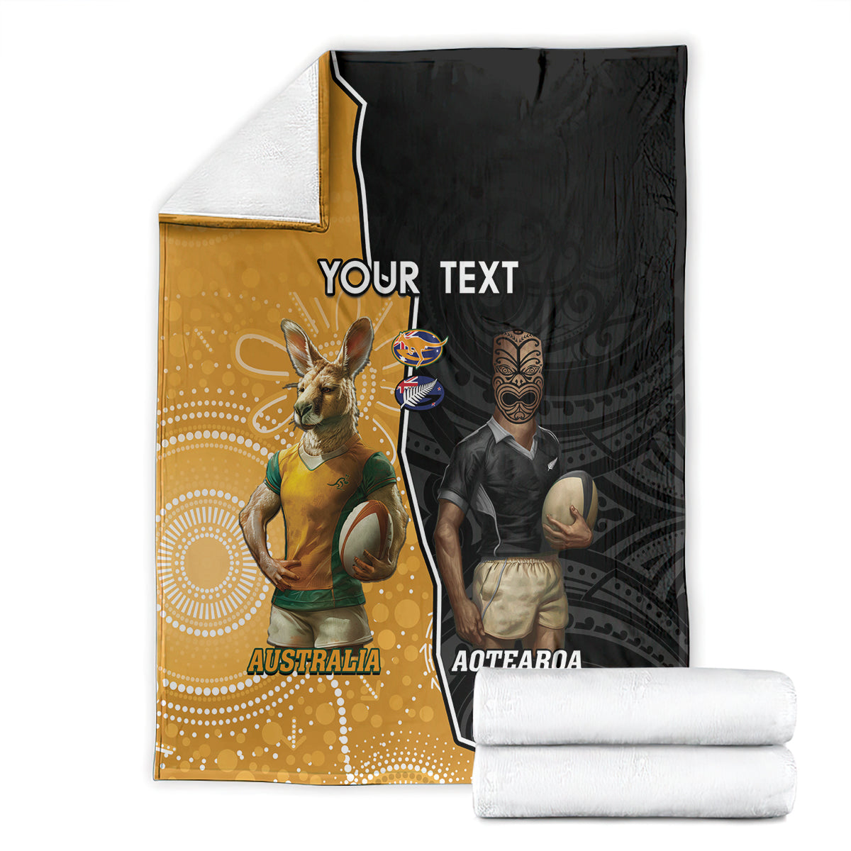 Personalised New Zealand And Australia Rugby Blanket 2024 All Black Wallabies Mascots Together - Vibe Hoodie Shop