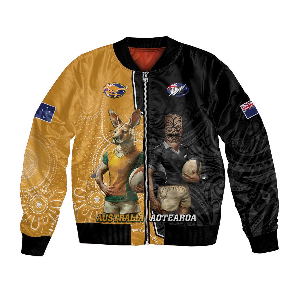 Personalised New Zealand And Australia Rugby Bomber Jacket 2024 All Black Wallabies Mascots Together - Vibe Hoodie Shop