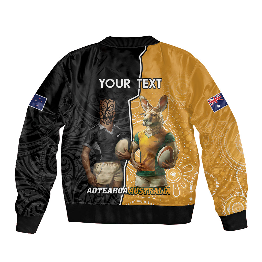 Personalised New Zealand And Australia Rugby Bomber Jacket 2024 All Black Wallabies Mascots Together - Vibe Hoodie Shop