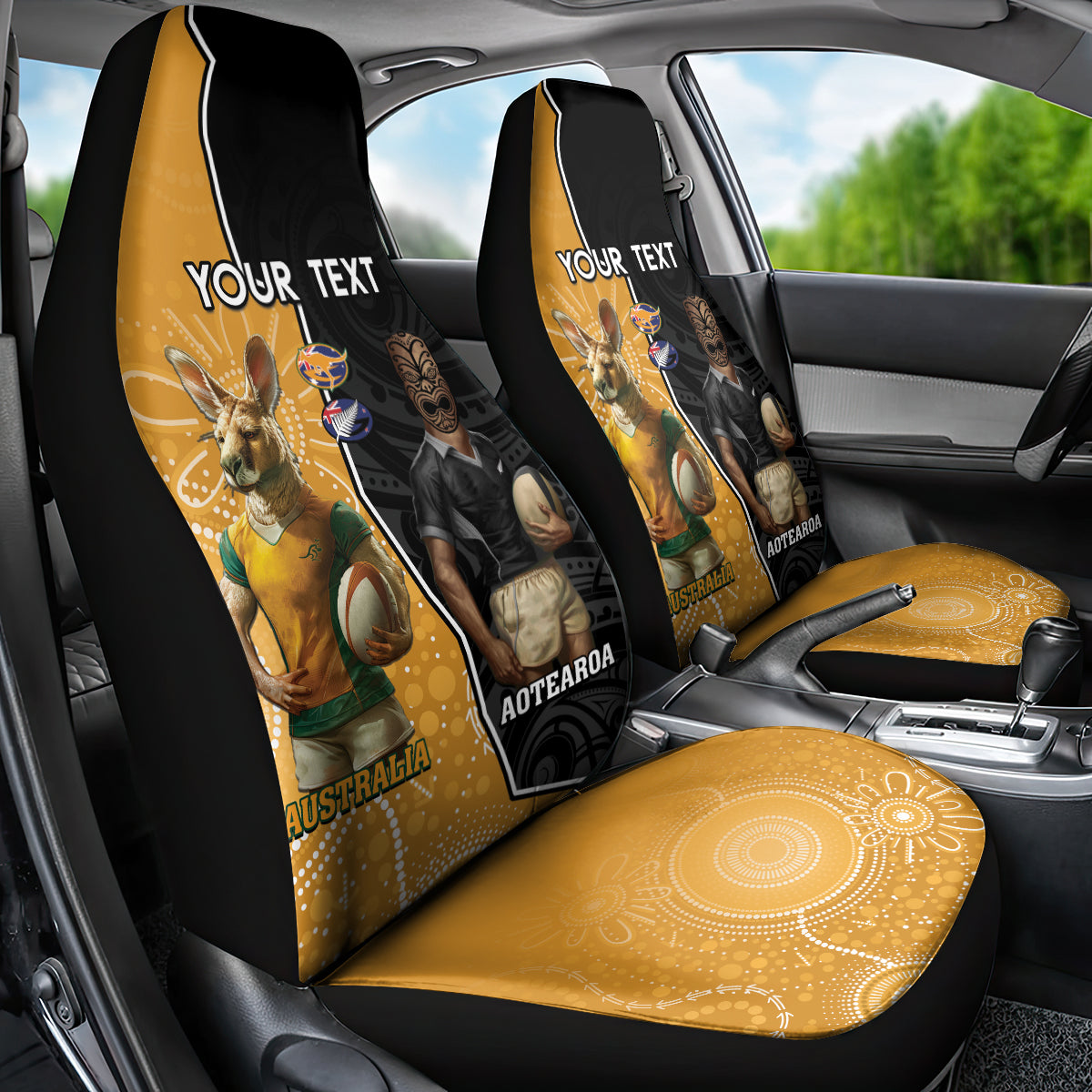 Personalised New Zealand And Australia Rugby Car Seat Cover 2024 All Black Wallabies Mascots Together - Vibe Hoodie Shop