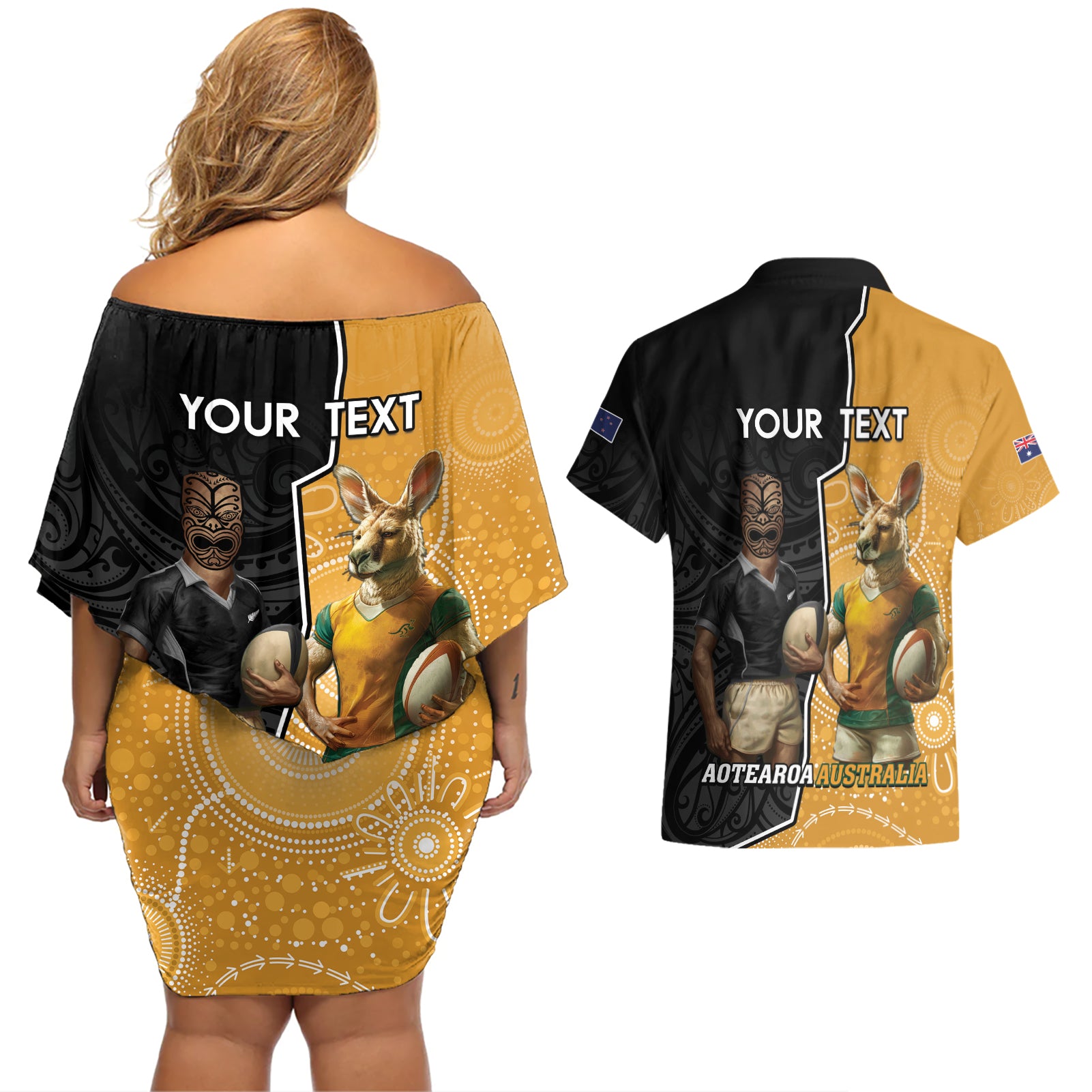 Personalised New Zealand And Australia Rugby Couples Matching Off Shoulder Short Dress and Hawaiian Shirt 2024 All Black Wallabies Mascots Together